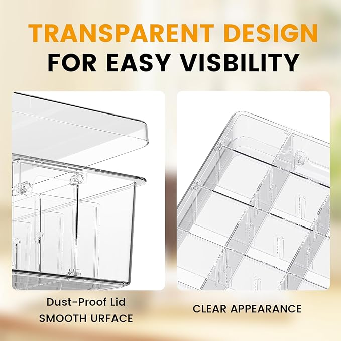 Socks Bra Underwear Drawer Organizer for Closet, 2 PCS Plastic Storage Box with 15 Removable Compartments and Lid, Clear Dresser Drawer Organizer Storage Container with Dividers for Sock Ties Belts