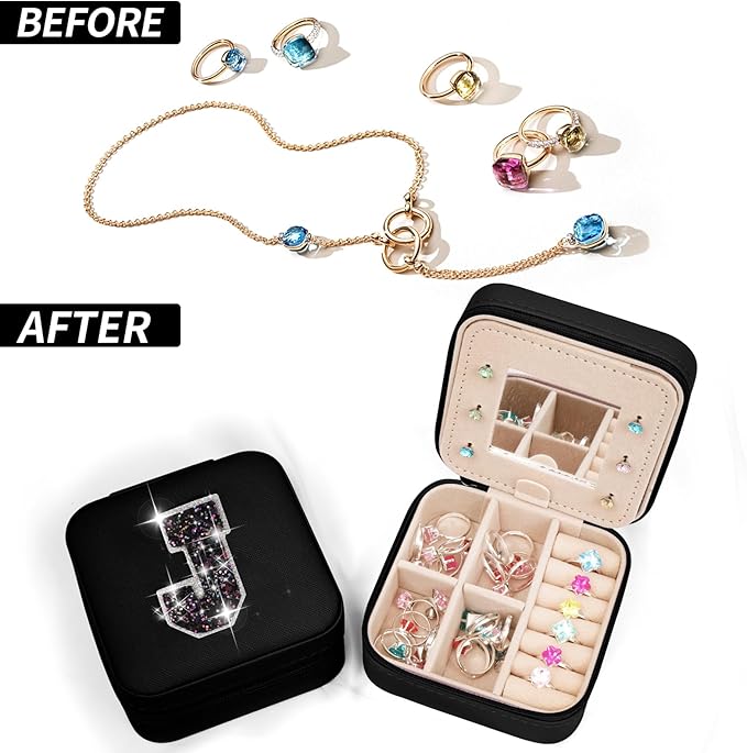 Uygafly Travel Jewelry Case - Personalized Jewelry Box for Women,Small Jewelry Organizer Cute Jewelry Organizers and Storage Aesthetic,Travel Essentials Birthday Gifts for Girls Women | Black,J