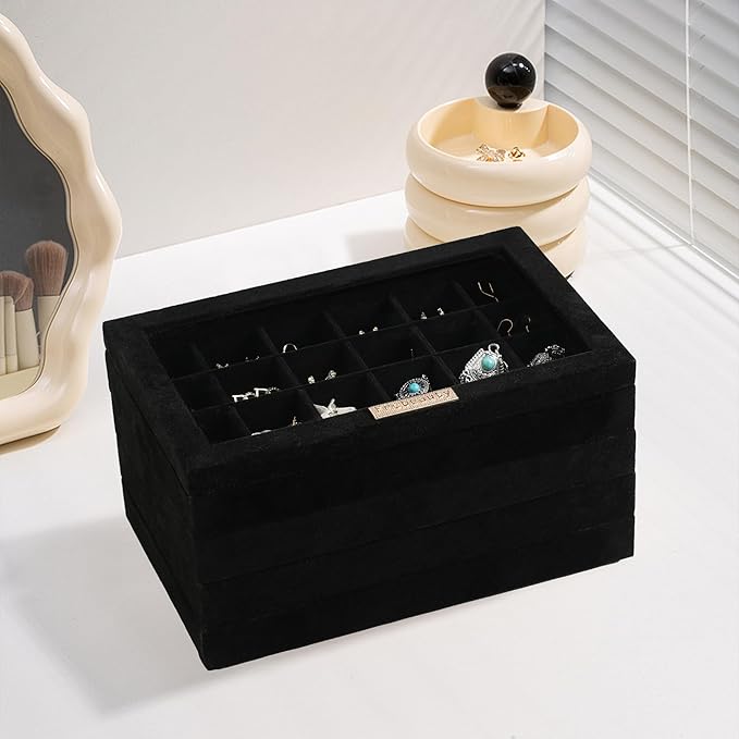 Frebeauty Stackable Jewelry Trays, Velvet Drawer Jewelry Organizer with Glass Lid,5 in 1 Multi-Functional Jewelry Storage for Earrings Necklaces Rings, 10.5 x 6.5 x 5.55 Inches Gift for Women(Black)