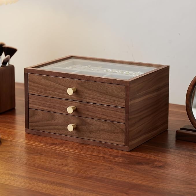 Black Walnut Jewelry Organizers and Storage,3 Layer Wooden Jewelry Boxes for Women,for Necklaces Ring Earring (3 Layer)