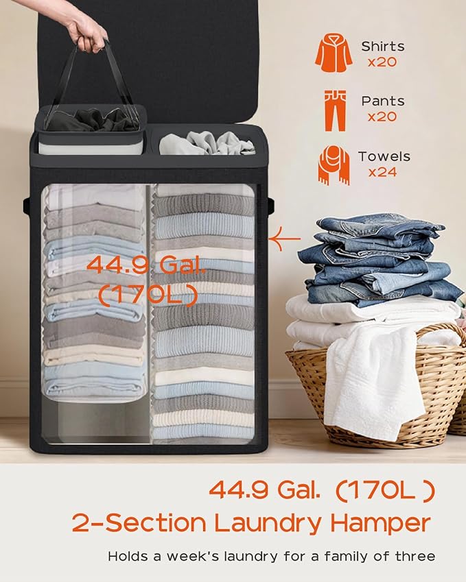 CASAMAYA Laundry Basket with Lid, Laundry Hamper 2 Section, 170L collapsible Laundry Organizer, Easy Assembly, with Handles and Removable Liners, 22 x 15.7 x 29.5 Inches, Black JSP903B