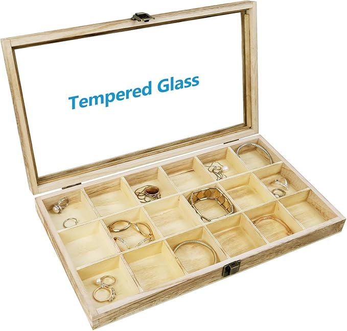 Mooca Wooden Display Storage Case with Tempered Glass Lid for Jewelry and Beads with 18 Compartments Tray, Oak Color, 15" W x 8 3/4" D x 2" H