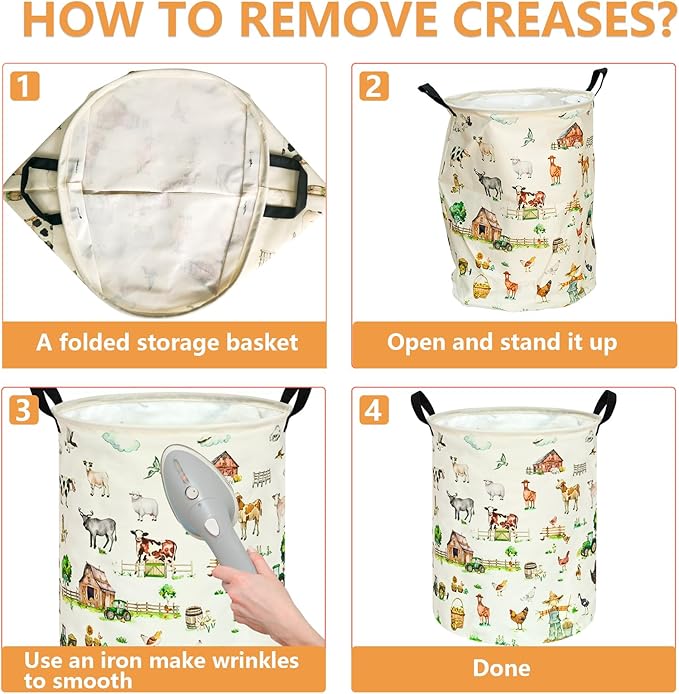 Collapsible Kids Laundry Basket Clothes Hamper, Foldable Storage Organizer Bin, Toy Clothes Storage with Handles for Boys Girls Bedroom, Room Decor Farm