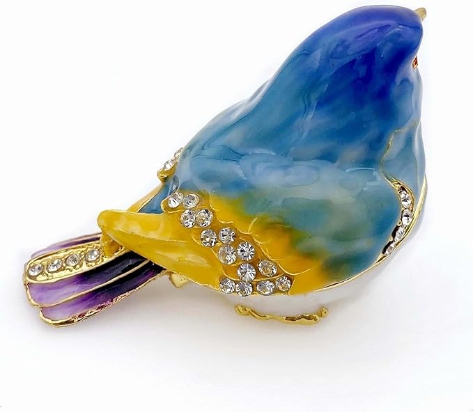 JWT Astyle Blue Mountain Bird Hinged Trinket Box with Crystal Stones .Animal Jewelry Box.Necklace Rings Earrings Storage.Bird Figurines Home Decor,Collectible Trinket Boxes Gift ., Blue Yellow