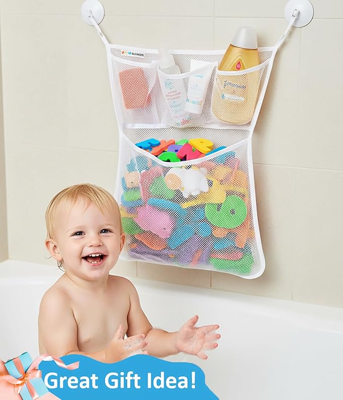 Bath Toy Storage Organizer – Large Mesh Bath Toy Holder & Bath Toy Net for Tub, Quick Dry Bathtub Bag with 2 Strong Suction Cups, 2 Adhesive Hooks, Quick-Dry Hanging Shower Cubby Basket, 14x20 Inch