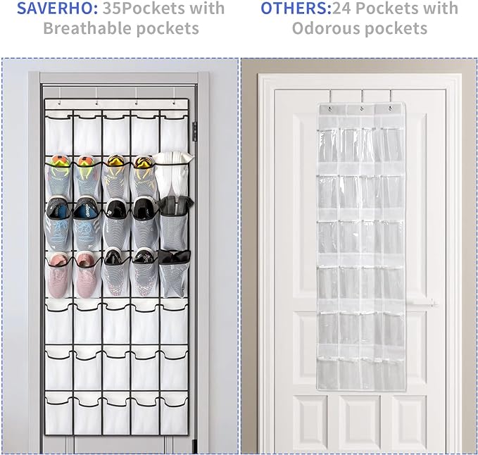 SAVERHO 35 Pockets Over the Door Shoe Organizer, Hanging Shoe Organizer for Door with 35 Mesh Pockets Large Capacity Shoe Hanging Storage Bag with 4 Metal Hooks (White-1Pack)