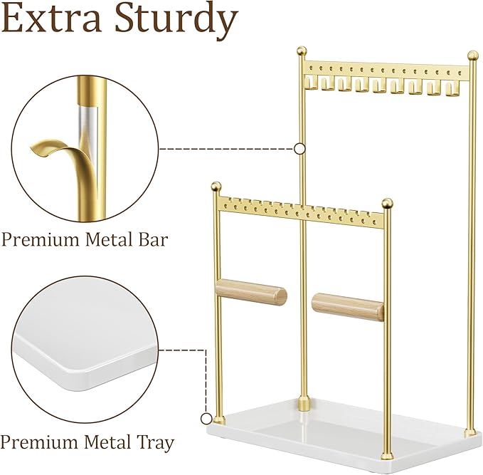 3 Tier Gold Jewelry Stand, Necklace Organizer, Earring Holder with 44 Holes and 9 Hooks, for Necklaces, Bracelets, Rings