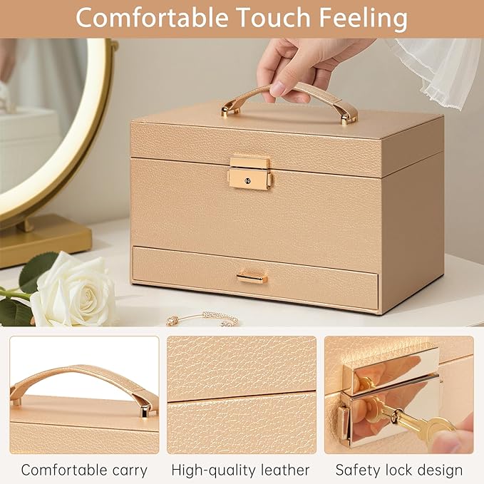 AKOZLIN Travel Jewelry Box Organizer Functional 2-trays Leather Jewelry Storage Case with Lockable Portable Drawer for Women Girls Ring Necklace Earring Bracelet