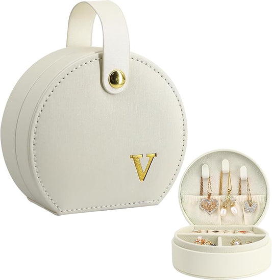 COLLECTIVE HOME - Travel Jewelry Case, Elegant Half-Moon Design with Gold Monogram, Detachable Handle, Personalized Accessory Organizer, Gift for Fashion-Forward Women and Teens (v)