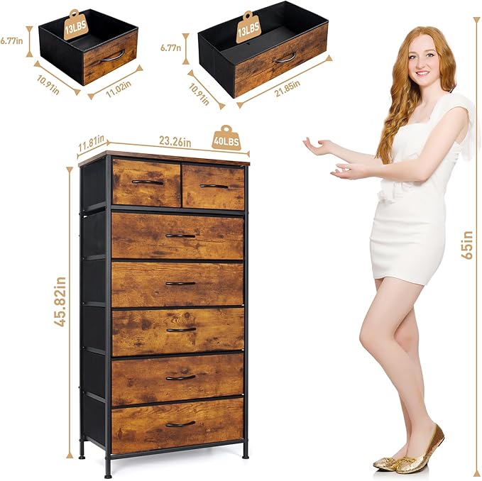 Mifuro Tall Dresser for Bedroom, Vertical Storage Organizer Tower with 7 Drawers, Chest of Drawers with Fabric Bins, Steel Frame, Wood Top for Bedroom, Closet, Entryway- Rustic Brown
