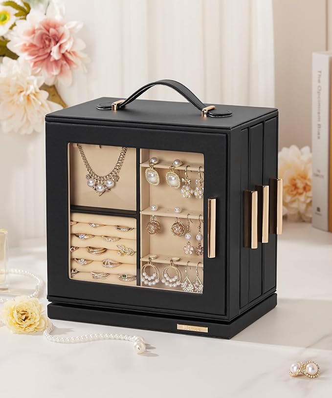 Homde Jewelry Box for Women Large: Rotating Organizer for Ring Earring Necklace Bracelet - 7 Drawers Storage for Dresser (Black)