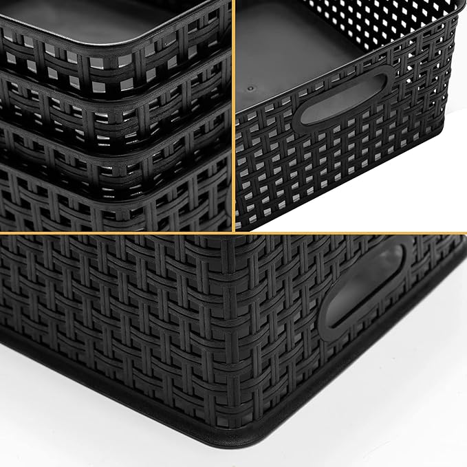 Eslite Plastic Storage Baskets for Organizing,11"X8.5"X4.7",Pack of 4 (Black)