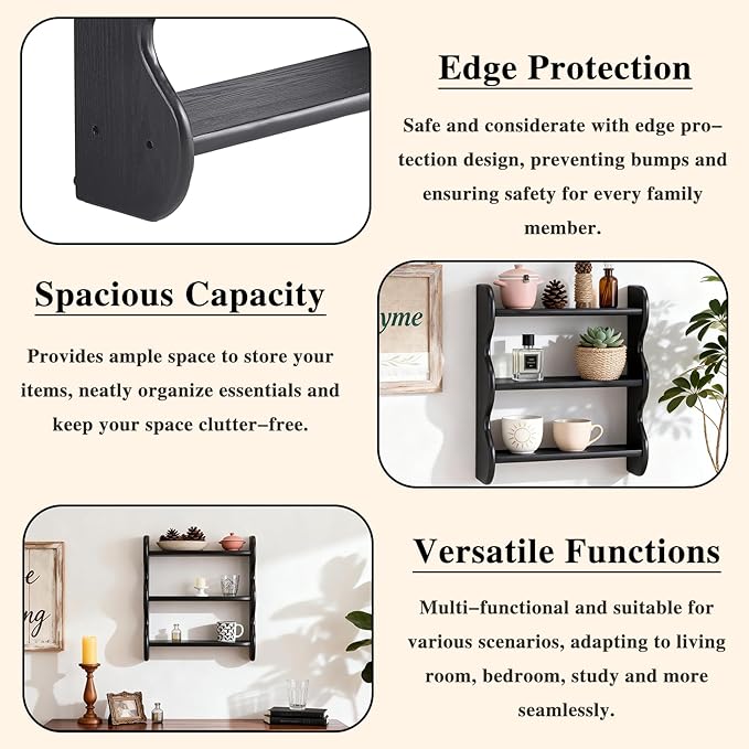 100% Solid Wood Floating Shelf, Vintage Wall Shelves Wall Mounted Storage Rack 3-Tier, Farmhouse Decor Hanging Shelf Display Shelves for Apartment, Living Room and Bedroom