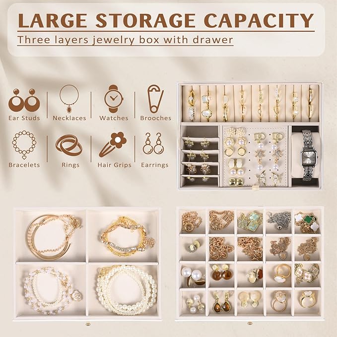3 Layer Jewelry Boxes for Women with Mirror Large Jewelry Organizer Box with 2 Jewelry Organizer Drawer PU Lockable Elegant Unique Gifts for Women, White