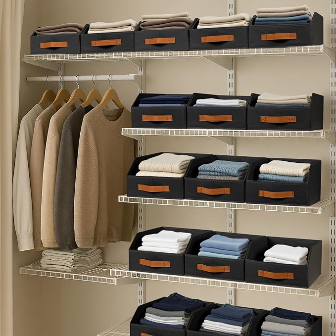 Homsorout Fabric Storage Bins for Organizing - 8 Pack Large Trapezoid Collapsible Storage Bins with Front Handle, Closet Organizers and Storage for Bedroom, Home Shelves, Small Spaces, Black