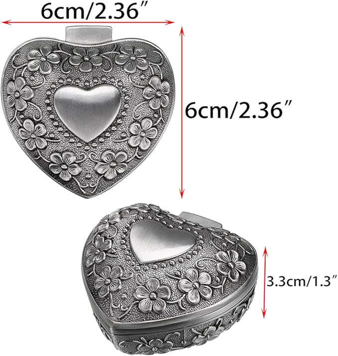 Hipiwe Vintage Heart Shape Jewelry Box - Small Antique Ring/Earrings/Necklace Storage Organizer Case, Metal Treasure Chest Trinket Keepsake Gift Box for Women