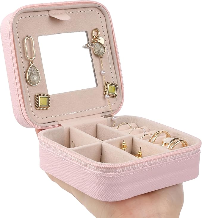 OceeK Travel Jewelry Case Box Organizer with Mirror,Travel Jewelry Box Holder Stocking Stuffers,Pink,1 Pack