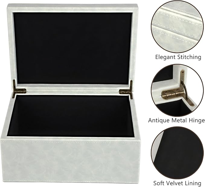 HofferRuffer Faux Leather Decorative Box, Large Wooden Structure Keepsake Box Accessory Organizer Jewelry Organizer with Hinged Lid, Storage Container for Home or Office (Cream White)