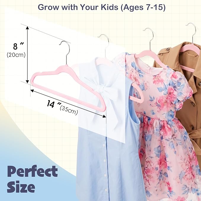 HOUSE DAY 14 Inch Kids Velvet Hangers 50 Pack, Durable Big Kids Hangers, Non Slip Kid Felt Hanger for Youth, Cute Childrens Hanger for Closet, Pink