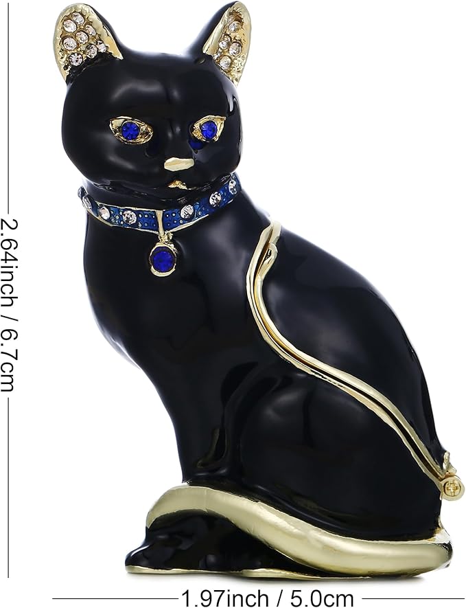 Hand Painted Animal Trinket Box for Home Decor, Hinged Jewelry Organizer Storage, Unique Personalized Collectible Keepsake Figurine Handmade Decorative Ornament Gifts (Black Cat)