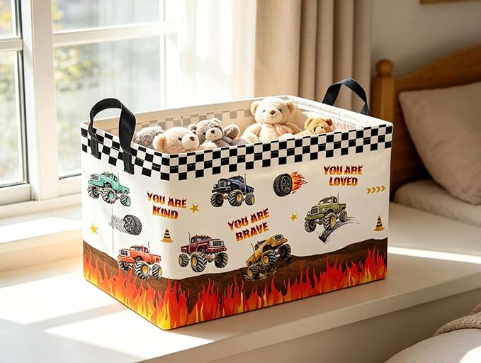 Rectangular Kids Baskets Monster Truck Basket Cute Storage Bins Organizer Box Boys Room Decor for Home.(Flame Racing)