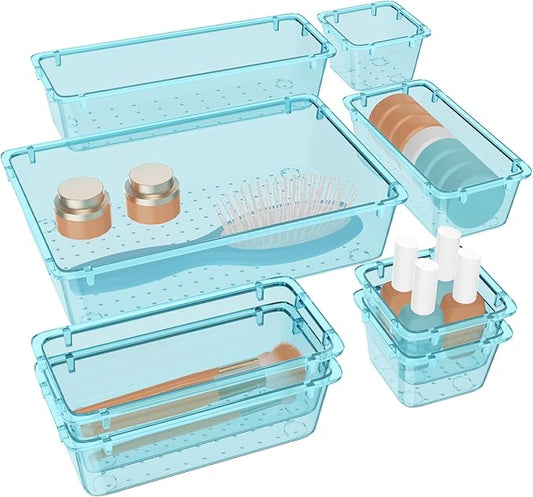WOWBOX 8 PCS Plastic Drawer Organizer Set, 4 Sizes Desk Drawer Organization and Storage Containers for Makeup, Cosmetics, Jewelry and Gadgets in Kitchen, Bathroom, Bedroom, Office, Clear Sea Blue