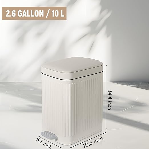 rejomiik Small Bathroom Trash Can with Lid Slim Soft Close Garbage Can Step Wastebasket Container Trash Bin for Office Bedroom Kitchen Living Room (2.6 Gallon Cream)
