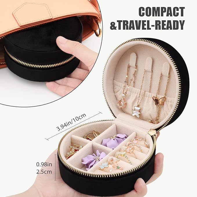 DesignSter Travel Jewelry Box - Velvet Mini Jewelry Organizer, Small Jewelry Case for Girls Women, Jewelry Storage Box for Rings Earrings Necklace (Circular, Black)