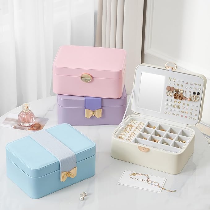 Lolalet 2 Layer Jewelry Box with Lock and Key for Teen Girls & Young Women, Jewelry Organizer Case with Round Clasp and Mirror for Earrings Rings Necklaces Storage, Gift Idea -Cloud White