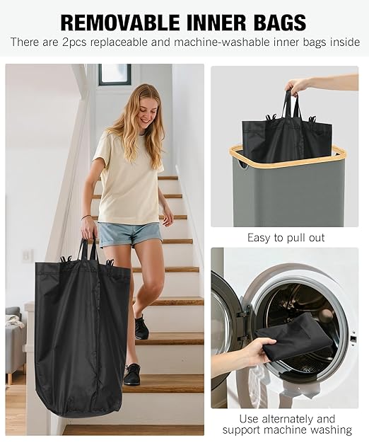 Recycling Bins for Kitchen, 26 Gallon (100L) Recycle Bin with lid, Indoor Oxford Fabric Recycling Trash Can with 2 Pack Removeable and Reusable Inner Bags for Bottle Can Glass Plastic Sticker, Grey