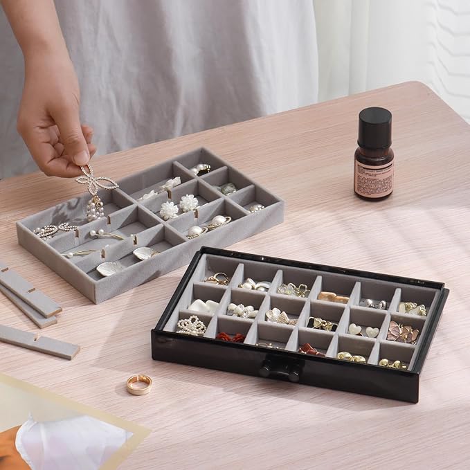 YUFONG Earring Organizer Box Acrylic Jewelry Organizer with 3 Drawers 54 Adjustable Grids Clear Stackable Earring Holder Velvet Trays Ring Display Case for Women Girls (Black Gray)