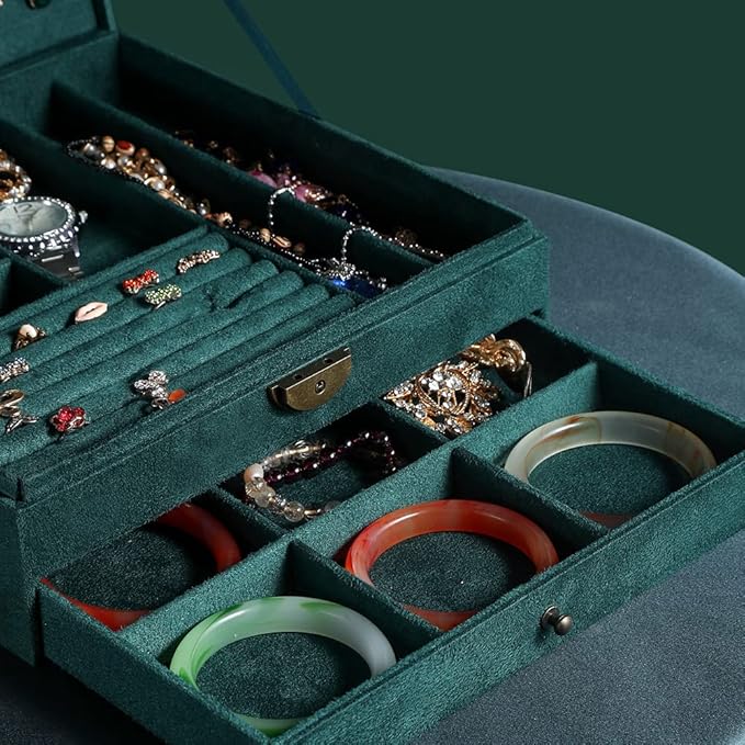 Women Jewelry Box Lockable 3 Layers Large Jewelry Organizer Storage Case for Earrings Necklaces Rings Bracelets,Green Display Jewel Holder (Green)