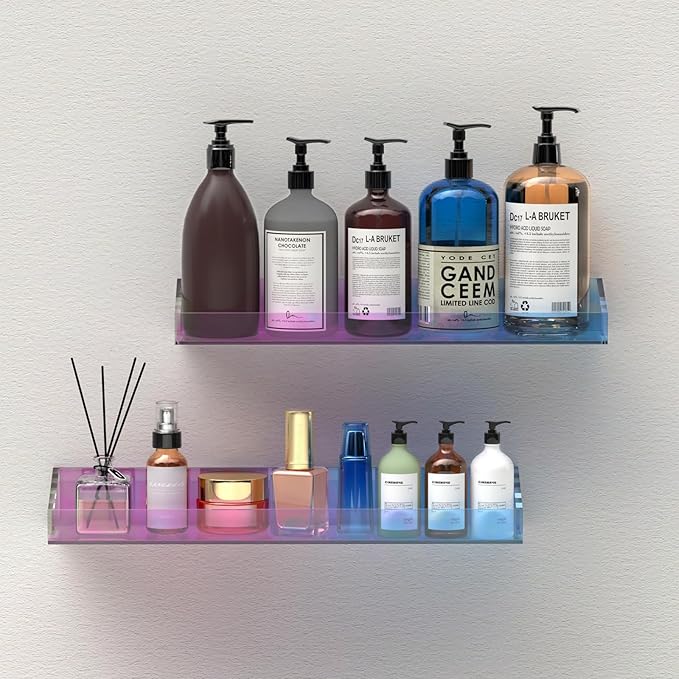 Bakzon 2 Pack Acrylic Shelves for Wall Storage, 15" Floating Shelves, Kids Bookshelf, Nail Polish Holder, Perfume Display Shelf Organizer for Bathroom, Bedroom, Living Room, Iridescent