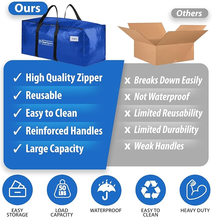 ClearSpace Heavy Duty Moving Bags - Water Resistant Storage Bags or Storage Bins with Lids and Moving Supplies - Large Moving Boxes for College Dorm, Travel, Closet Organization - 6 Pack