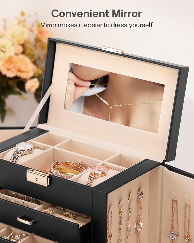Homde Mothers Day Gifts Synthetic Leather Huge Jewelry Box Mirrored Watch Organizer Necklace Ring Earring Storage Lockable Gift Case (Black + Gold)