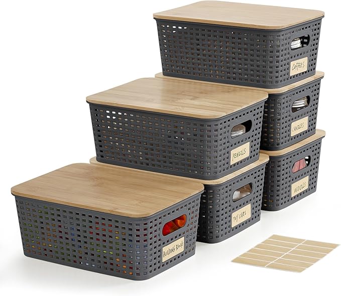 Bagnizer Small Plastic Storage Bins with Bamboo Lids 5.2qt Stackable Box Basket Pantry Decorative Containers Cute with Label for Organizing Desktop Closet Office Gray of 6 packs 10 * 7.2 * 4.1"
