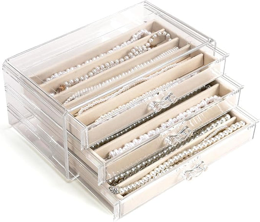 CLUQMEIK Necklace Organizer Box with Clear Lid, Dustproof Velvet Jewelry Holder Storage Display Case, Stackable Acrylic Necklace Tray Drawer Insert for Women and Girls (Beige,3 Drawers)