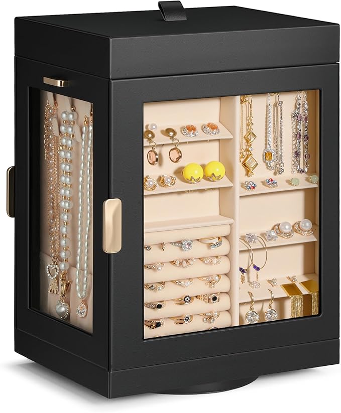 TidyStash 360° Rotating Jewelry Organizers and Storage, Large Jewelry Boxes for Women Necklace, Ring Earring Storage, Vertical Accessory Organizers and Storage, Black