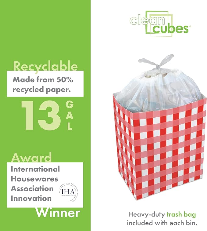Clean Cubes 13 Gallon Disposable Pop-Up Trash Cans (3-Pack) with Fitted Bags – Foldable Garbage & Recycling Bins for Parties, Events & Kitchen (Picnic, 17" H x 13.5" W x 10" D)