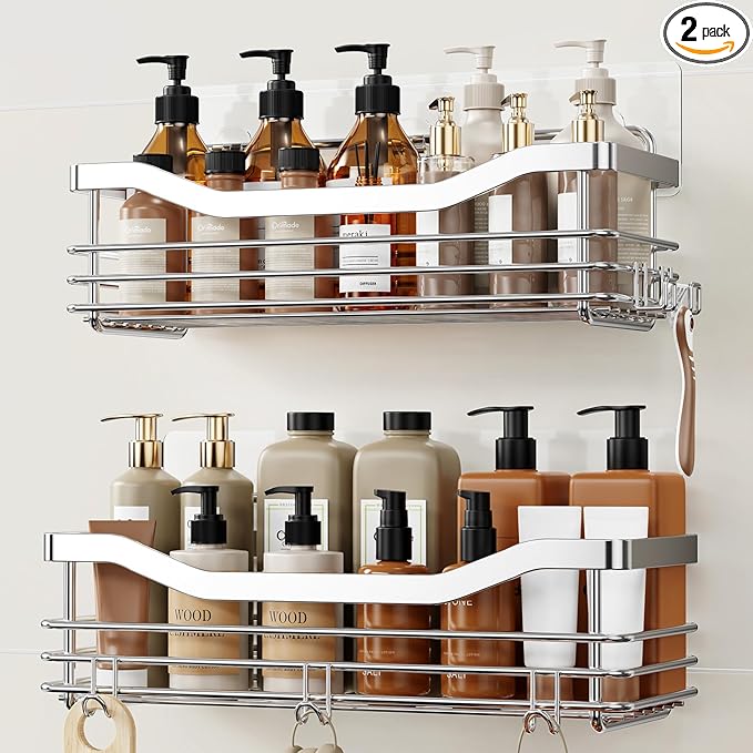Orimade Shower Caddy Basket Shelf with 5 Hooks Adhesive Organizer Storage Rack Rust Resistant Wall Mounted Stainless Steel No Drilling for Bathroom, Toilet, Kitchen - 2 Pack