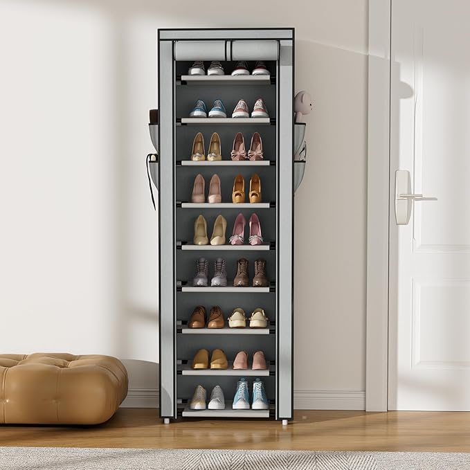 VILICK Shoe Rack with Cover Narrow Shoe Rack Organizer with 4 Side Pockets 10 Tier Tall Shoe Storage Shoe Shelf Holds 18-22 Pairs Shoes and Boots Shoe Rack for Closet, Grey