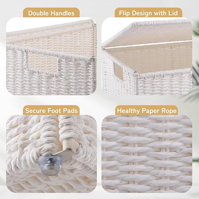 OIAHOMY Laundry Hamper with Lid, 90L(23.8 Gal) Large Wicker Laundry Basket for Bedroom, Handwoven Paper Rope Clothes Hamper with Washable Liner & Metal Frame, Decorative Organizer for Bathroom White