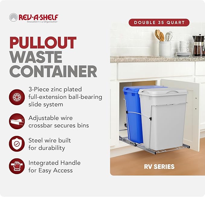 Rev-A-Shelf RV-18KD-11RC-S Double Pullout Trash Can for Kitchen Cabinets 35 Qt Garbage Recycling Bin on Full Extension Slide, Blue/White