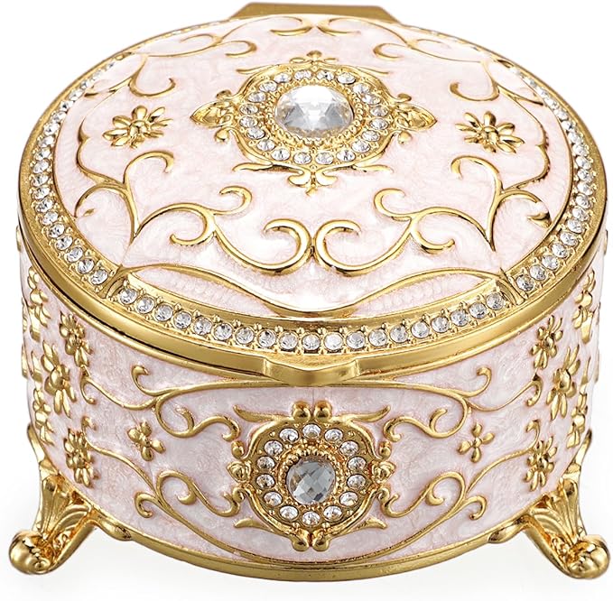 Hipiwe Metal Jewelry Box Small Treasure Chest Box Vintage Round Trinket Organizer Ring Holder Enameled Jewelry Box for Earrings Necklace Holder Gift for Birthday Christmas,Home Decor,Beige