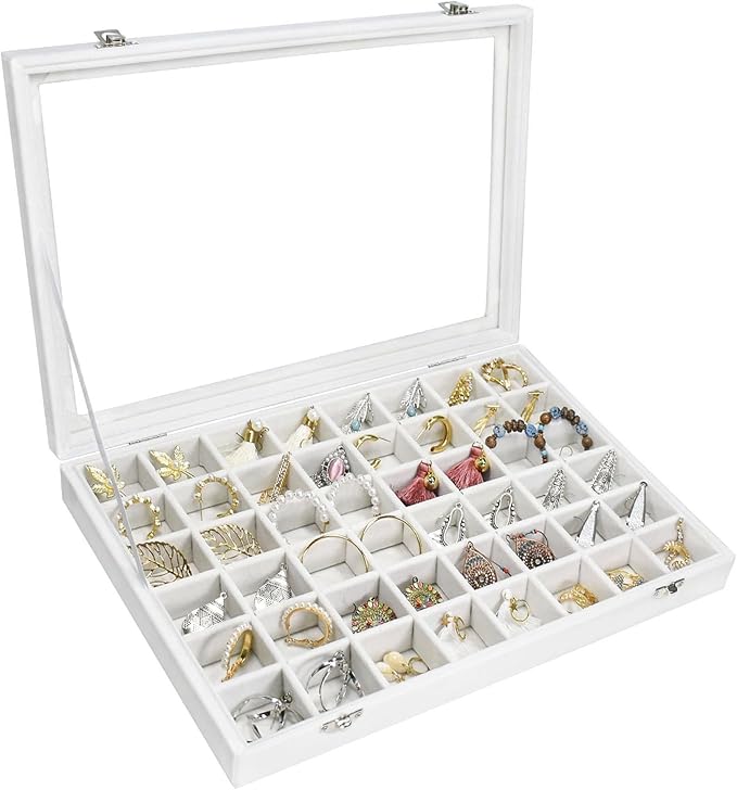 Siveit Velvet Jewelry Tray 48 Grid Jewelry Display Tray Organizer Box with Transparent Lid Rings Earrings Necklaces Pendants Display Box Suitable for Women and Girls (Ivory)