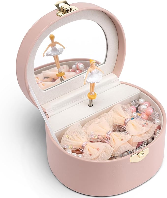 VLANDO Musical Jewelry Box for Girls, Small Kid Music Box with Ballerina for Party Bedroom Decor, Bithday Gift for Girl - Pink