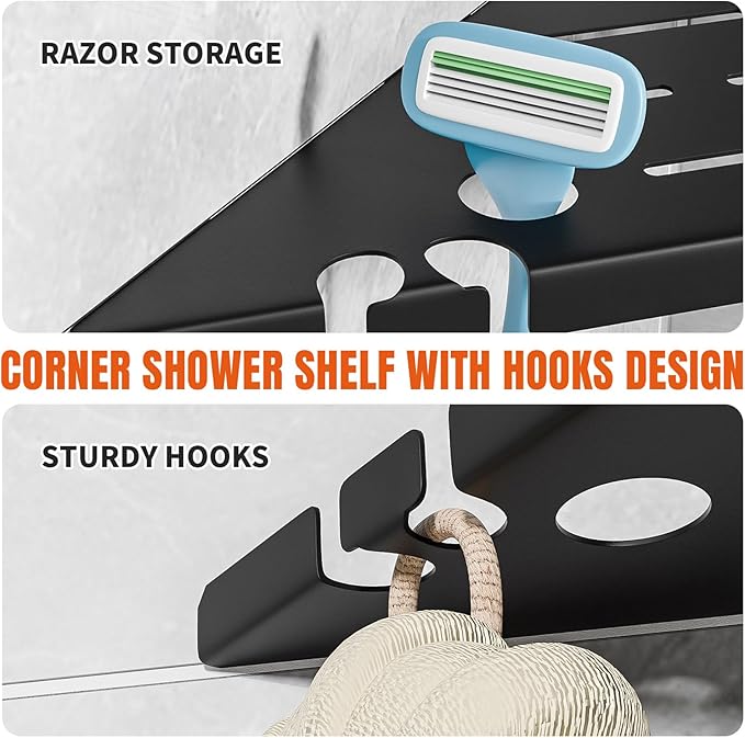 Permanent Tile-in Corner Shower Shelves with Hooks, Modern 304 Stainless Steel Shower Caddy for Bathroom Renovation & Hotel, Heavy Duty No-Drill Grout Mount Organizer for Tile Wall,10", 2 Pack