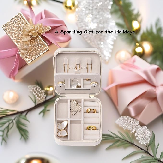 Vlando Small Travel Jewelry Box Organizer - Mirrored Carry-on Jewelries Necklaces Rings Earrings Necklace Storage Case, Beige