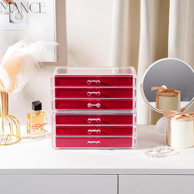 Lolalet Earring Holder Organizer Box Jewelry Storage with 6 Drawers, Clear Acrylic Stackable Earring Case with Adjustable Velvet Trays for Women on Dresser Vanity -Red, 6 Layers