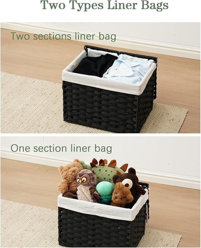 SETVSON Storage Basket with Lid Woven Wicker Baskets with 2 Separate Lid, 9.2 Gallon (35 L) Wicker Storage Bins with Handles, Foldable and 2 Removable Liner Bags for Bedroom, Laundry Room Black